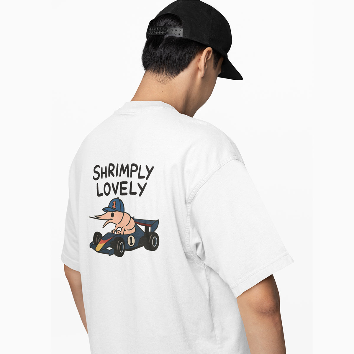 F1 inspired Shrimply Lovely Tee back print graphic t-shirt